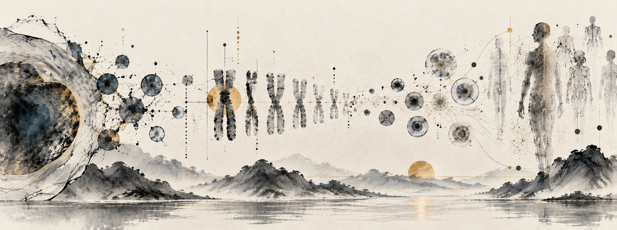 Panoramic watercolor-style illustration of chromosomes, cells and human figures across a pale landscape.