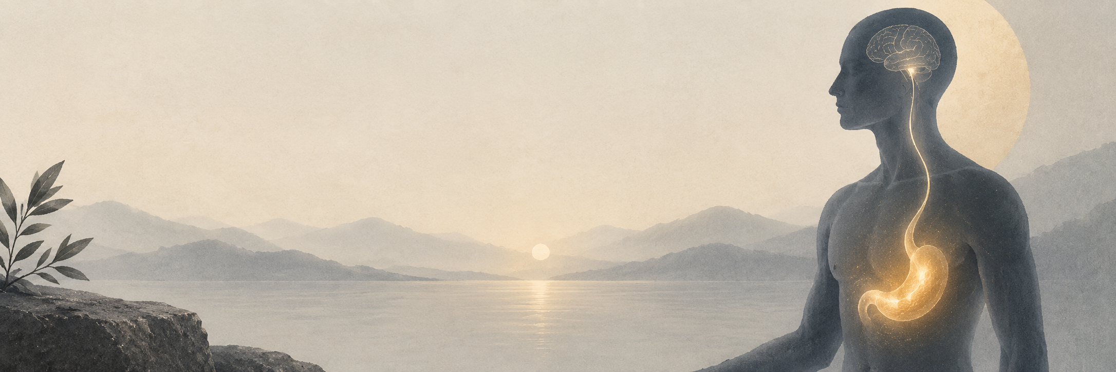 A seated human silhouette with the brain and digestive tract connected by a glowing pathway beside a mountain lake.