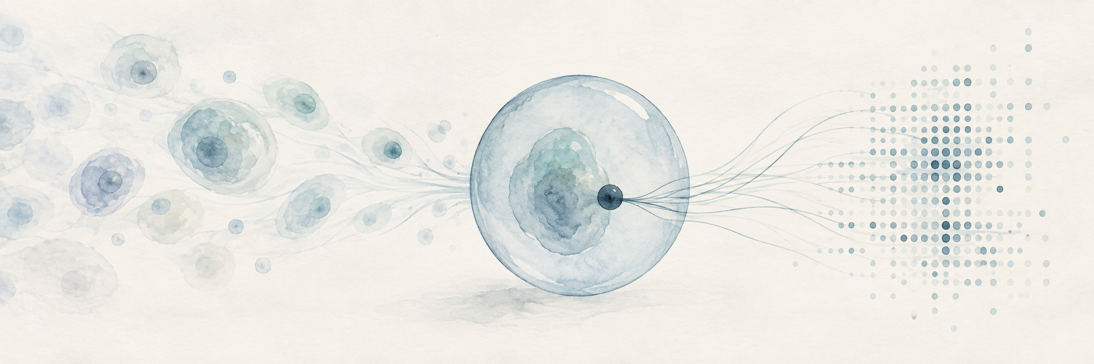 Watercolor illustration of a single cell connected to a molecular barcode readout.